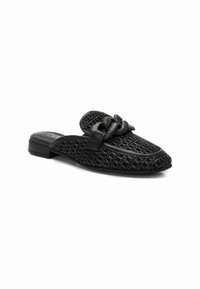 Scarpa nera da indossare, con tomaia in pelle intrecciata, punta affusolata, dettaglio a fiocco e tacco basso a blocco. Motivo testurizzato su tutta la superficie.