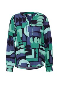 Blouse à manches longues avec un motif géométrique multicolore en bleu, vert et marine. Le tissu est lisse, avec une coupe décontractée et un col à cordon de serrage.