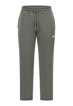 Szare spodnie dresowe z elastycznym paskiem i sznurkiem. Posiadają boczne kieszenie oraz subtelne logo na lewej udzie. Miękka tekstura materiału.