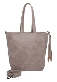 Borsa tote in finta pelle grigia con due manici, tracolla staccabile e dettaglio a nappina. Presenta una texture liscia e una forma rettangolare semplice.