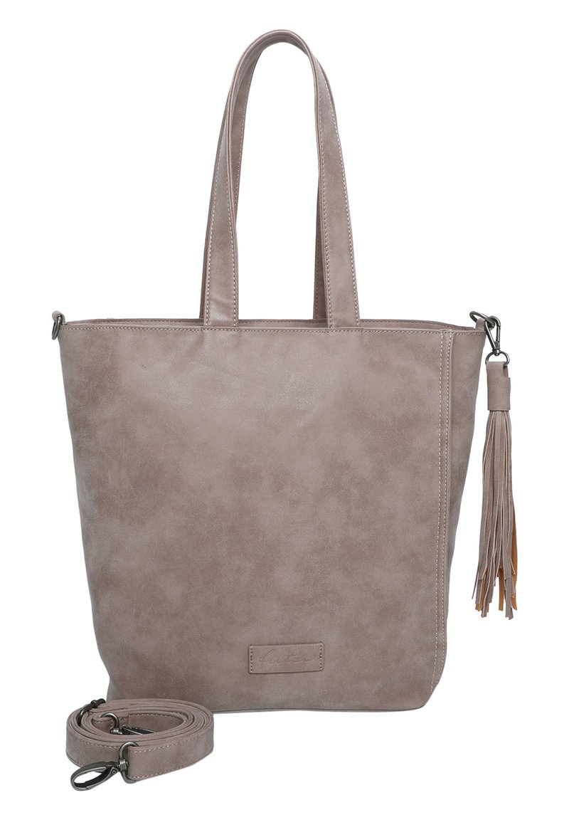 Borsa tote in finta pelle grigia con due manici, tracolla staccabile e dettaglio a nappina. Presenta una texture liscia e una forma rettangolare semplice.