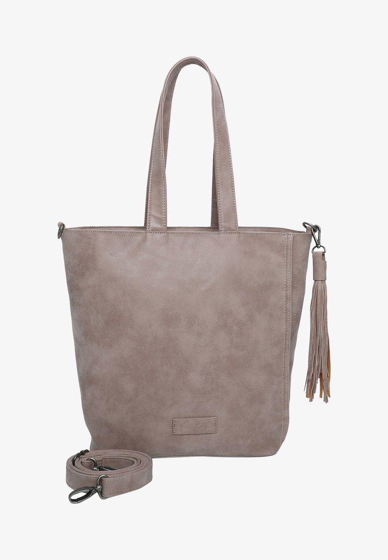 Borsa tote in finta pelle grigia con due manici, tracolla staccabile e dettaglio a nappina. Presenta una texture liscia e una forma rettangolare semplice.