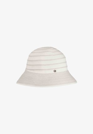 Witte bucket hat met horizontale ribbeltextuur, voorzien van een kleine logo-accent aan de zijkant. Gemaakt van een zacht, flexibel materiaal.