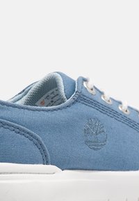 Ljust blå canvas-sneakers med vit gummisula, med broderad varumärkeslogga, metallhål och vita skosnören.