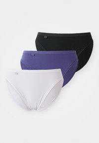 Three pairs of women's underwear: black, purple, and white. Each has a smooth texture, lined waistbands, and logo tag on the side.