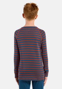 Long-sleeve top in dark blue and rust stripes, featuring a crew neck, ribbed texture, and raglan sleeves with extended cuffs.