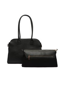 Crna torba od umjetne kože s dvije duge ručke i strukturiranim oblikom, praćena manjom crnom torbicom s zatvaranjem na patentni zatvarač.