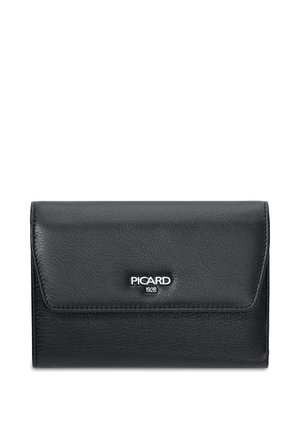 Black leather wallet with textured surface, featuring a flap closure and silver PICARD 1928 logo on the front. Compact rectangular shape.