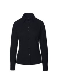 Czarna, długosleeve koszula zapinana na guziki, wykonana z gładkiego materiału, z wyraźnym kołnierzem, przednim zapięciem i subtelnymi akcentami guzików.
