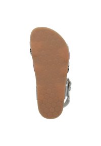 Infradito grigie con suola in sughero testurizzato, caratterizzate da motivi circolari antiscivolo e cinturino con fibbia. La suola è di un colore marrone chiaro.