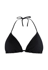 Top de bikini negro en forma de triángulo con lazos en el cuello y la espalda, con un sutil patrón texturizado en la tela.