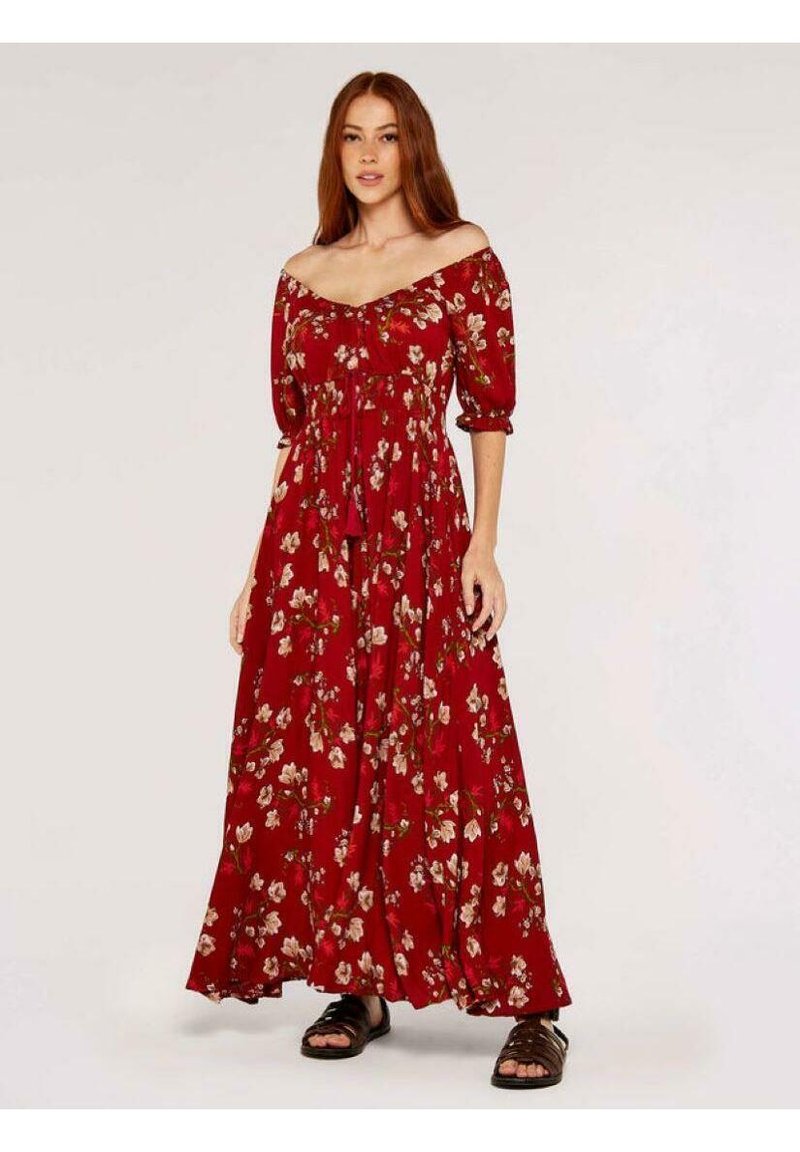 Rotes Maxikleid mit schulterfreier Ausschnitt, Puffärmeln und tailliertem Schnitt. Verfügt über einen fließenden Rock mit mehrlagigem Design.