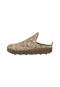 Zoccolo slip-on con tomaia in lana marrone maculata, suola testurizzata nera maculata e logo "ASPORTUGUESAS" sul lato della suola.