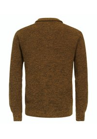 Brauner strukturierter Pullover mit Kragen und langen Ärmeln, der ein Strickmuster und ein weiches Material aufweist. Ideal für die Freizeit.