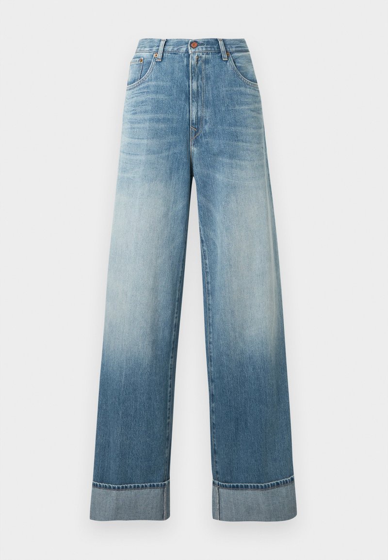 Džínsy s vysokým pásom a širokými nohavicami v svetlomodrom denime, s vyblednutým prechodom farieb, piatimi vreckami a zahrnutým okrajom s tmavomodrým prešitím.