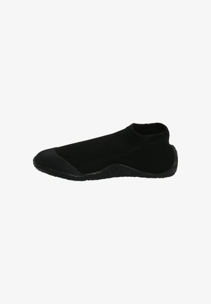 Black water shoe with a flexible fabric upper and a textured rubber sole; sleek design with a low-cut ankle for easy wear.