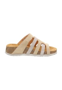 Beige Riemensandalette mit drei ineinander verflochtenen Riemen aus Wildleder, Korkfußbett und strukturiertem Gummisohle, mit einem leichten Absatz.