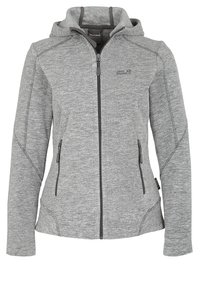 Jasnoszara, zapinana na zamek bluza z kapturem, z długimi rękawami, dwoma przednimi kieszeniami na zamek i logo "Jack Wolfskin" na klatce piersiowej.
