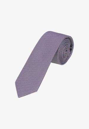 Woven tie with a geometric pattern in red, white, and blue. Features a narrow design and smooth texture, rolled for display.