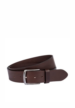 Brown leather belt with a matte silver rectangular buckle, featuring a smooth texture, tapered end, and evenly spaced holes for adjustment.