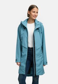 Light blue waterproof jacket with a hood, full zipper, and front pockets. Features elastic cuffs and a relaxed fit design.
