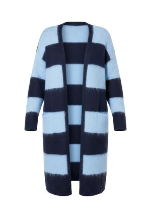 Dlouhý otevřený kardigan s širokými horizontálními světle modrými a tmavě modrými pruhy a dvěma předními kapsami.
