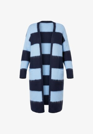 Langer, offen vorne getragener Cardigan mit breiten horizontalen hellblauen und dunkelblauen Streifen und zwei Fronttaschen.