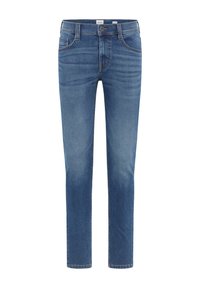 Jeans de mezclilla azul con un diseño de pierna recta, estilo de cinco bolsillos, con un ligero desgaste en los muslos y un cierre de botón metálico en la cintura.