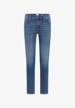 Jeans in denim blu con una vestibilità dritta, stile a cinque tasche, leggera scoloritura sulle cosce e chiusura con bottone metallico in vita.