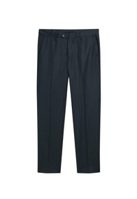 Granatowe, dopasowane spodnie z płaskim przodem, szlufkami na pasek, dwoma bocznymi kieszeniami i gładką fakturą materiału. Mają prosty krój nogawek.