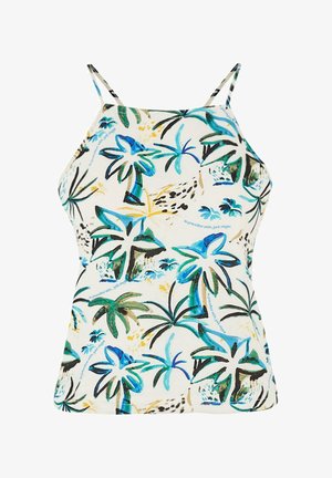 Débardeur en tissu léger à base blanche. Présente un motif tropical vibrant avec des feuilles de palmier vertes et bleues. Fines bretelles.