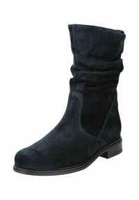 Botte ankle en daim avec un design décontracté, couleur bleu marine foncé, bout arrondi, petit talon bloc et détails de couture subtils.