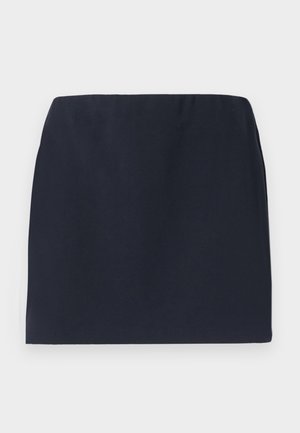 Navy blue mini skirt made of smooth fabric with an elastic waistband. Simple design with no patterns or visible hardware details.
