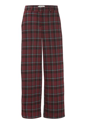 Plaid wide-leg trousers in burgundy with black and teal lines, featuring a high waist and smooth fabric texture.