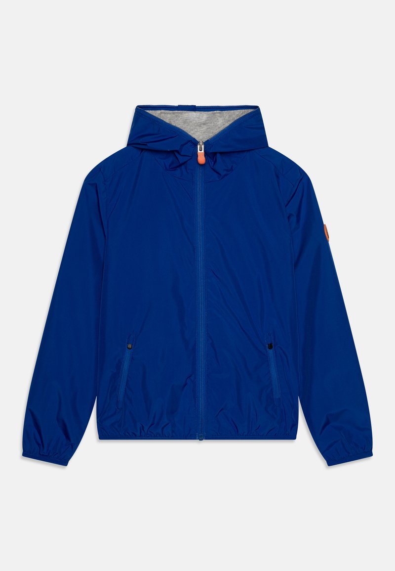 Blue lightweight hooded jacket with a gray inner lining, front zipper, and two side pockets. Elastic cuffs and adjustable hood detail.