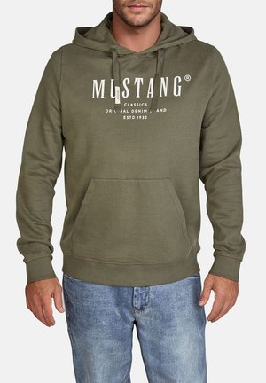 Olive green hoodie featuring a kangaroo pocket, adjustable drawstring hood, and white text logo on the front. Casual fit, cotton blend material.