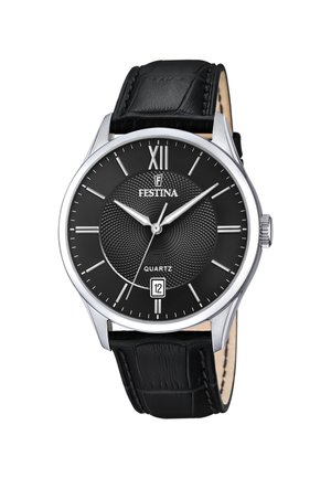 Montre en quartz noire avec un cadran noir texturé, des index horaires en argent et un affichage de la date. Elle est dotée d'un bracelet en cuir noir et d'un boîtier en acier inoxydable.