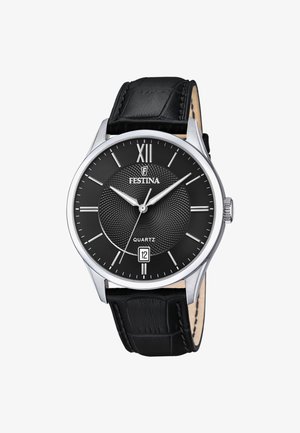 Schwarze Quarzuhr mit einem strukturierten schwarzen Zifferblatt, silbernen Stundenmarkierungen und einer Datumsanzeige. Verfügt über ein schwarzes Lederarmband und ein Gehäuse aus rostfreiem Stahl.