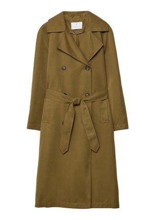 Manteau trench double-breasted en vert olive, avec une taille ceinturée, grand col et deux poches avant. Tissu lisse avec une coupe ajustée.