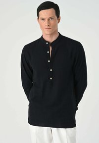 ANT Antioch Blue Striped Mandarin Collar Short Sleeve Linen Shirt - West Valley City