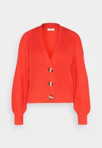Bright coral knitted cardigan with a v-neck, long sleeves, and three large metallic buttons. Features ribbed cuffs and waistband.