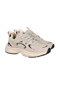 Zapatillas de deporte color beige claro con acentos negros, paneles laterales de malla y tiradores rosas. Su diseño de punta redondeada y suela gruesa ofrecen soporte.