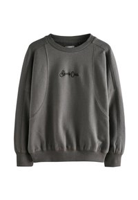 Sweatshirt gris avec un col rond, des poignets et un ourlet côtelés. Présente un logo brodé "Sports Club" au centre en noir. Texture douce.