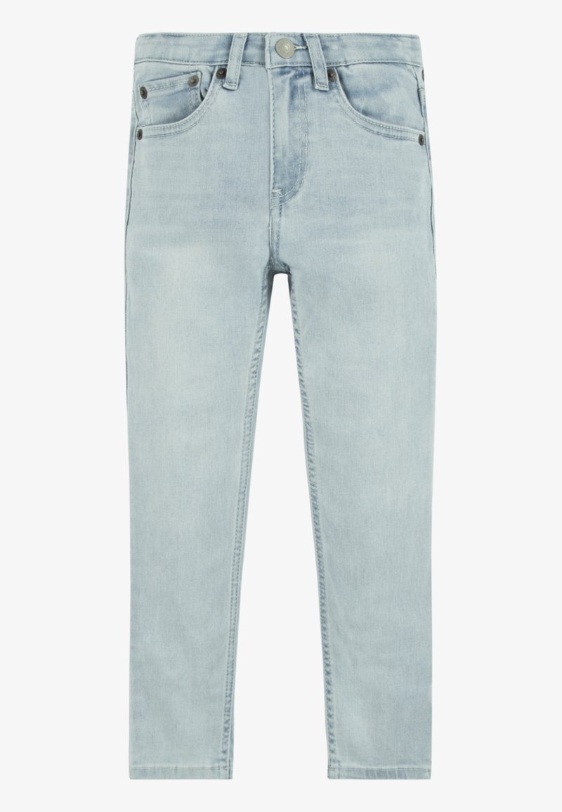 Jeans en denim bleu clair avec une coupe ajustée, cinq poches et un bouton de fermeture. Dotés d'une texture douce et de détails légèrement décolorés.