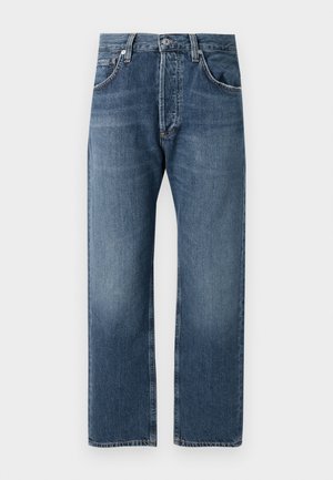 Blue straight-leg denim jeans with classic five-pocket design and button closure, displayed against a white background.