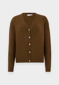 Cardigã de lã castanho com decote em V, mangas longas, punhos e bainha canelados, e cinco botões prateados decorativos na frente.