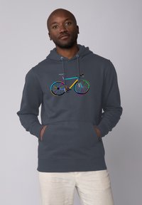 Donkergrijze hoodie met een kleurrijke fietsafbeelding, met levendige wielen en frame details. Gemaakt van katoen en voorzien van een voorvak.