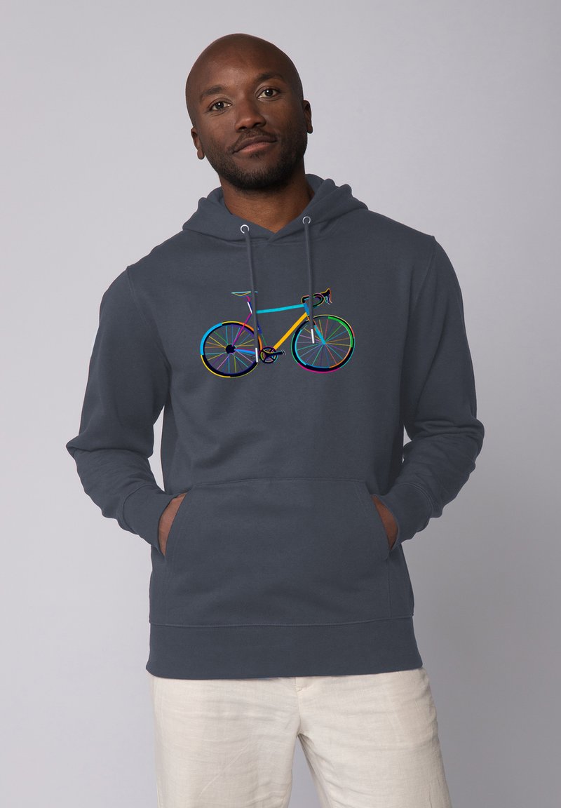 Donkergrijze hoodie met een kleurrijke fietsafbeelding, met levendige wielen en frame details. Gemaakt van katoen en voorzien van een voorvak.