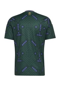 Green short-sleeve shirt featuring a geometric pattern in purple. Smooth texture with a rounded neckline and an emblem on the back.