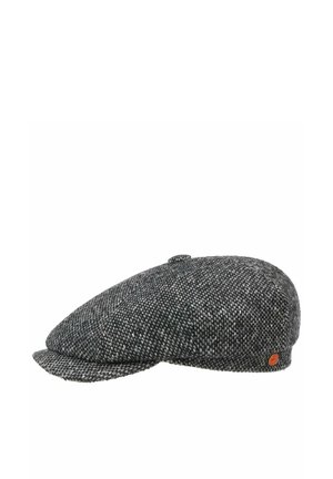 Dark gray tweed flat cap with small button on top and short curved brim, featuring a small round brown logo tag on side.